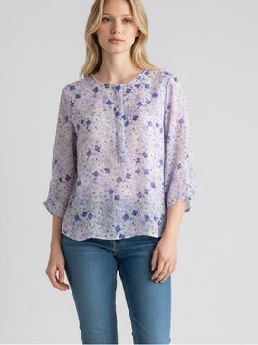 Talbots Chiffon Floral Top Blouse 3/4 sleeves Crew Neck Relaxed Fit Sz S